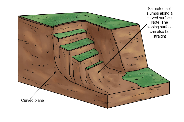 Slumping most frequently occurs after removal of a slope base. This can be due to storm wave erosion and road construction.